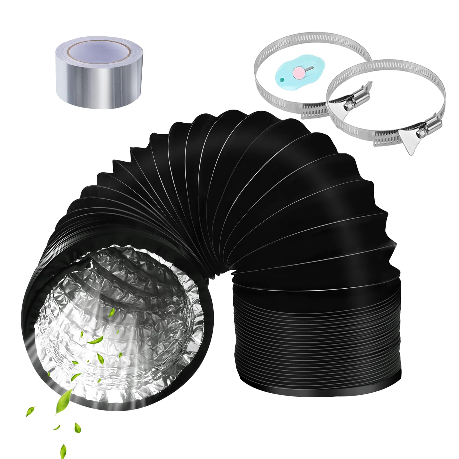 URHRHU 125mm Air Ducting Tumble Dryer Vent Hose 2m Length Aluminium PVC Ventilation Air Ducting Flexible Ducting Pipe Black with 5m Aluminium Tape and 2 Steel Clamps for Cooker Hood Extractor Fan