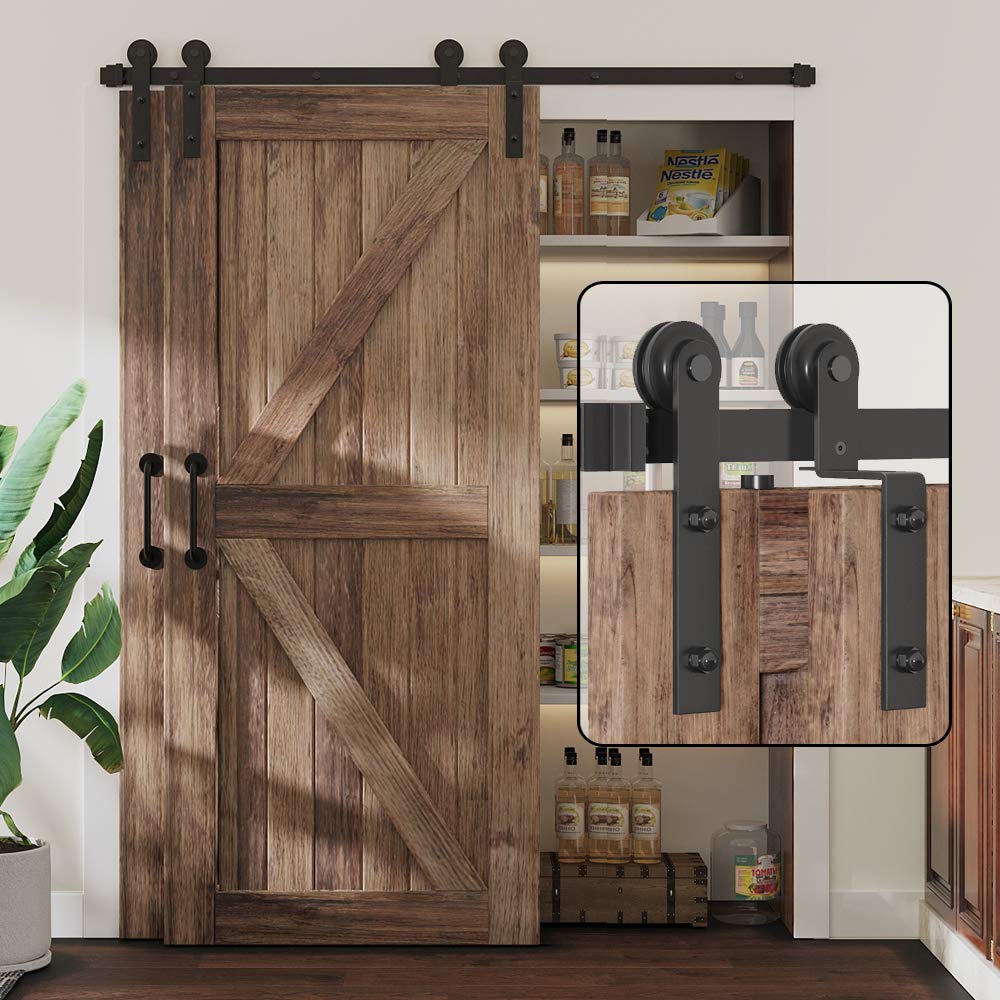 WINSOON 5FT Single Track Bypass Sliding Barn Door Hardware Kit for Double Doors, Low Ceiling, Easy Mount, Heavy Duty, Slide Quietly and Smoothly