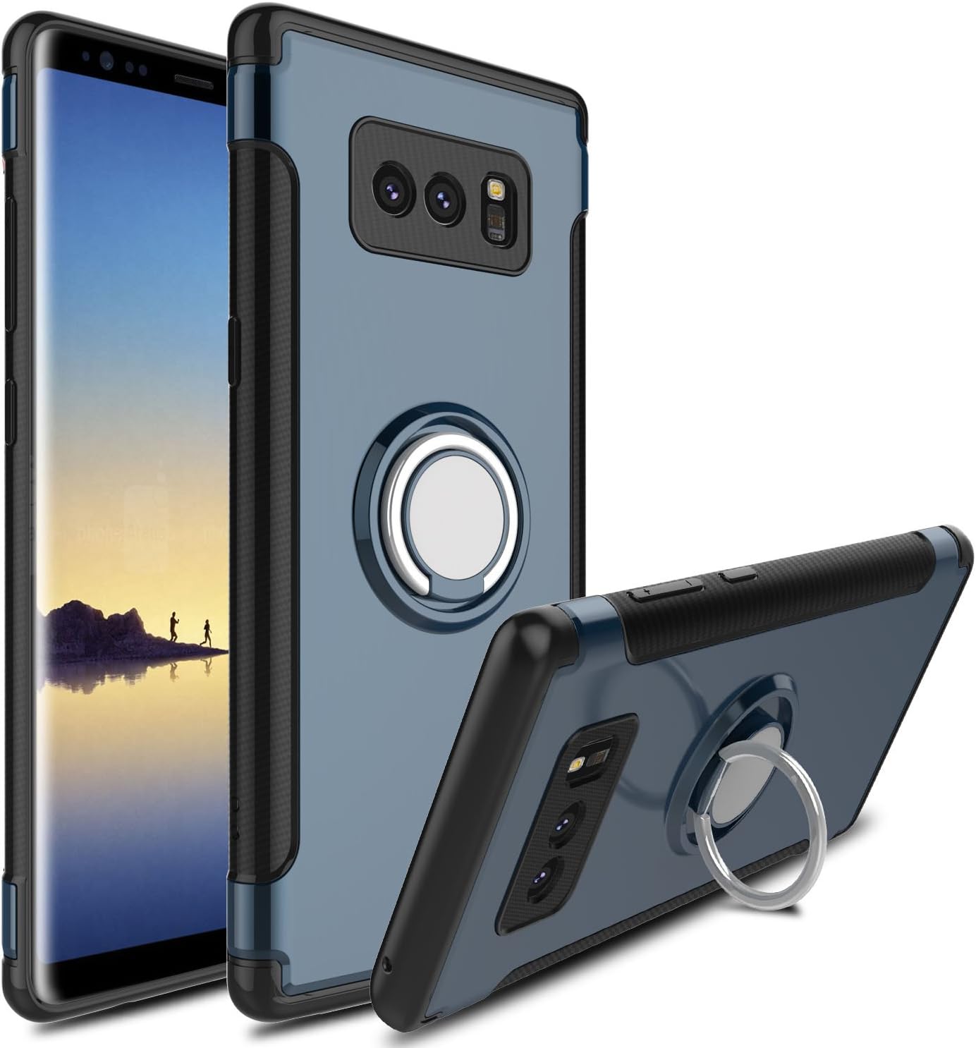 DONWELL Compatible Samsung Galaxy Note 8 Case, Hybrid Dual Layer Shock-Absorption Anti-Scratch Slim 360 Degree Rotation Ring Holder Armor Protective Cover Kickstand Case with Magnetic (Blue)