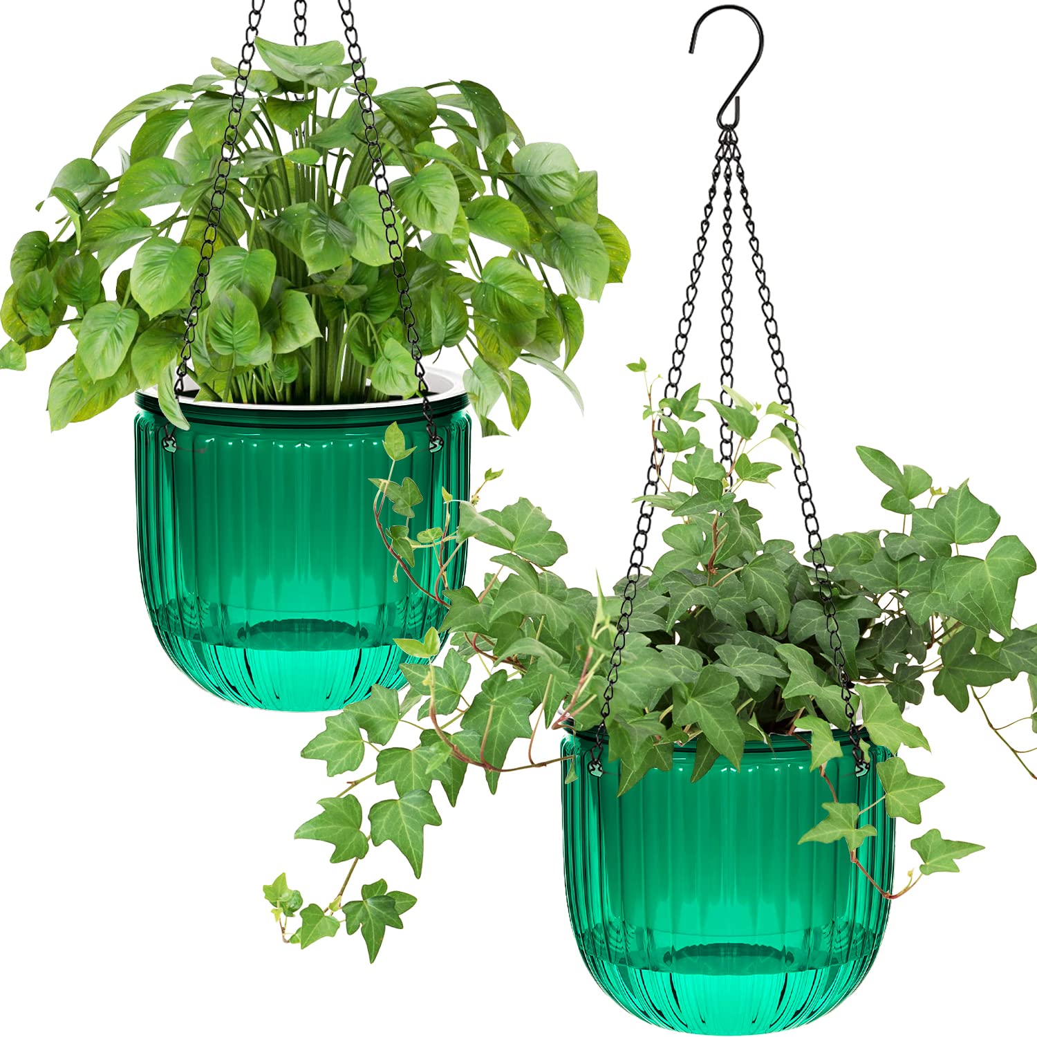 iDattel 6.5 Inch 2Pcs Self-watering hanging flower pot plants,Indoor hanging flower pots with 3Hooks drainage holes for indoor outdoor ceilings balconies wall decoration（Green）