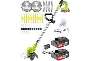 AKENUOKE Cordless Weed Wacker, Electric Weed Whacker Eater with 2 x 2.0Ah Battery Powered & Charger, Stringless 3 in 1 Grass Trimmer/Lawn Edger/Brush Cutter with 4 Types Blade and Wheel for Garden Yard