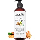PURA D'OR 16 Oz ORGANIC Sweet Almond Oil - 100% Pure & Natural USDA Certified Cold Pressed Carrier Oil For DIY Beauty - Non-Greasy, Unscented, Hexane Free Moisturizer - Massage Oil For Hair & Skin | ORGANIC, 100% Pure, Natural, USDA Certified, Cold Pressed, Carrier Oil