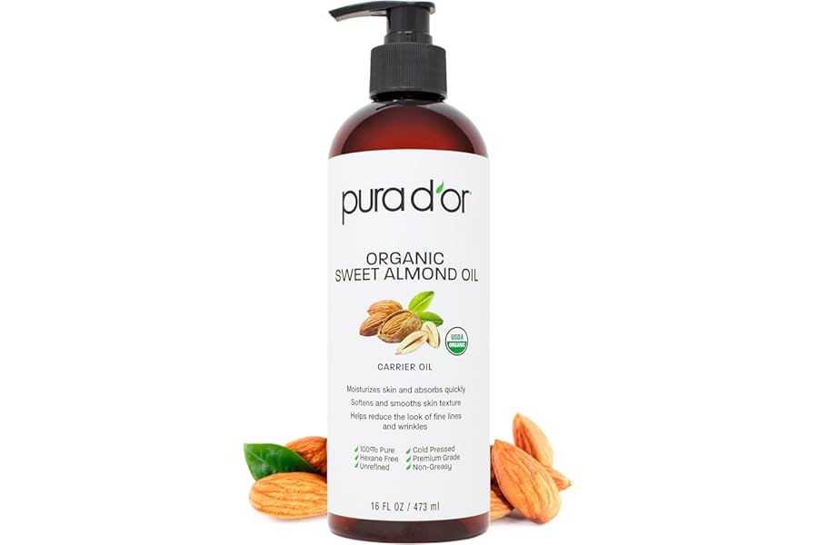 PURA D’OR 16 Oz ORGANIC Sweet Almond Oil – 100% Pure & Natural USDA Certified Cold Pressed Carrier Oil For DIY Beauty – Non-Greasy, Unscented, Hexane Free Moisturizer – Massage Oil For Hair & Skin