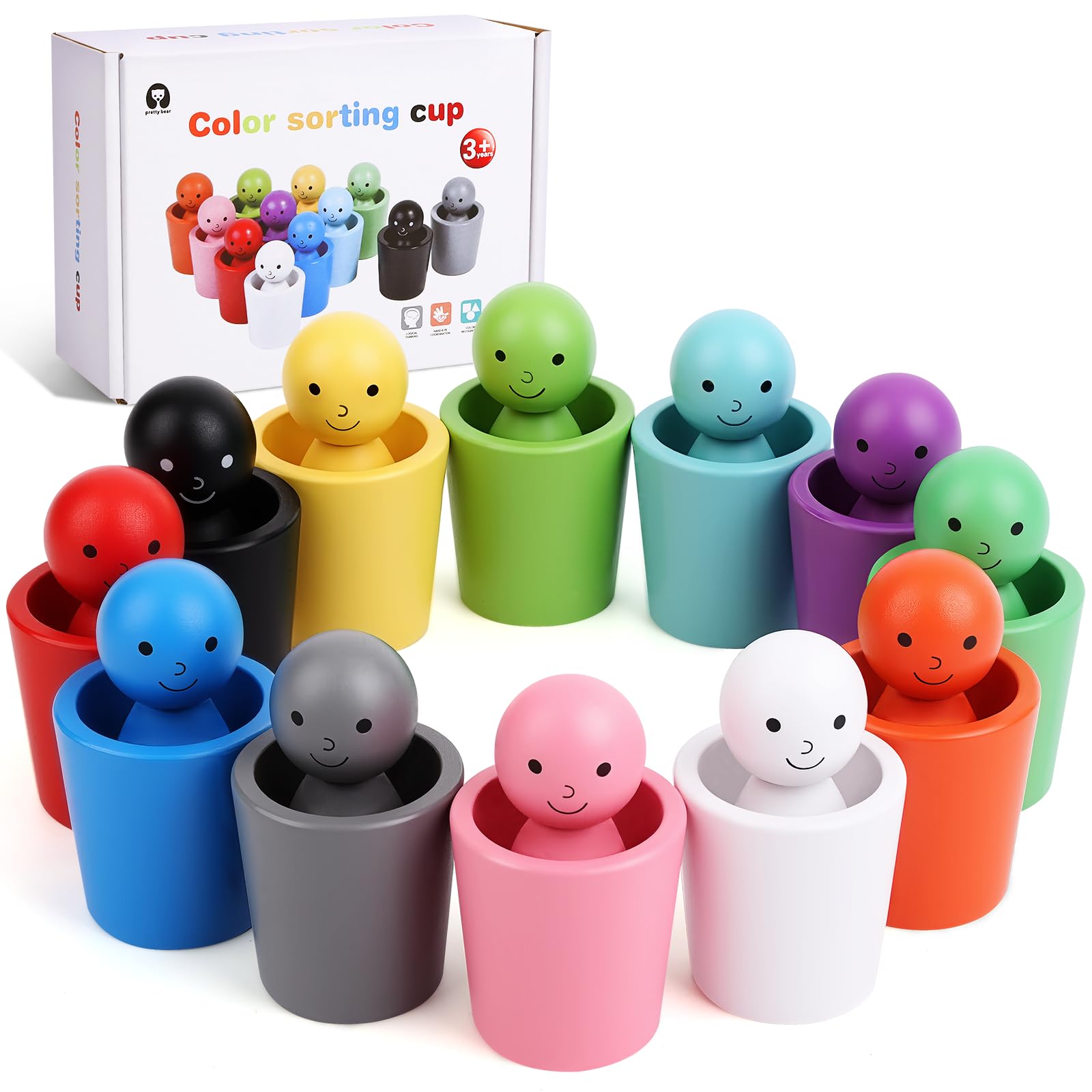 Azazaza Wooden Color-Sorting Cups & Peg Dolls for Matching and Recognition, Preschool Learning Toys for Toddlers