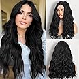 Alitozz Black Wigs for Women Black Wig Wavy Wig with Upgraded Strands Middle Part Shoulder Length Synthetic Black Wigs for Women Lace Front Wigs for Cosplay Daily Party Use
