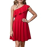 Kilottor Girl's Dress Elegant One Shoulder Ruffle Formal Birthday Party A-Line Dress 9-14 Years