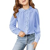 Haloumoning Girls Puff Long Sleeve Shirts Cute Casual Peter Pan Collar Blouse Ruffle Button Down Chiffon Tops 7-14 Years