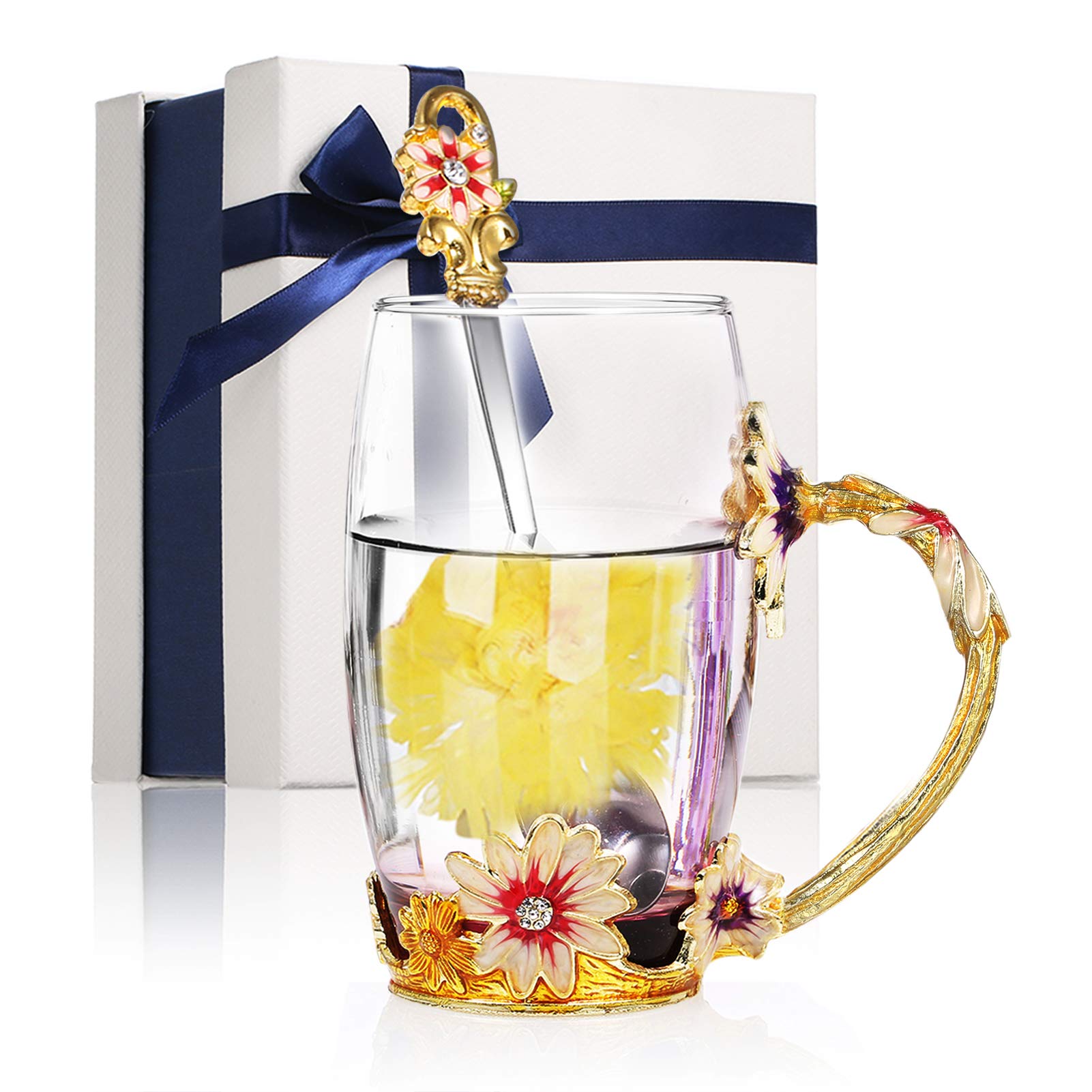 Decdeal Enamel Glass Mug, Flower Tea Cup Lead-Free Coffee Mug with Spoon&Cleaning Cloth&Gift Box,Gifts for Mum,Wife,Girl,Teacher on Birthday,Valentine's Day,Mother's Day,Wedding Anniversary,Christmas