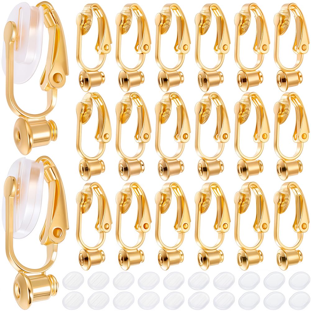 SOFPLATE 1 Box 36Pcs Gold Earring Converter Clip on Earrings Converter Brass Non Pierced Earring Clips with Silicone Pads Painless Clip on Earring Findings for jewellery Making Supplies DIY Craft Wome