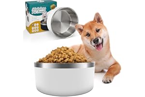 IKITCHEN Dog Bowl for Food and Water, 64 Oz Stainless Steel Pet Feeding Bowl, Durable Non-Skid Double Wall Insulated Heavy Duty with Rubber Bottom for Medium Large Dogs (64 Ounces/8 Cup, White)