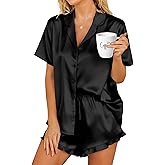 HOTOUCH Womens Satin Pajamas Set Button Down 2 Piece Silk Pjs Shorts Set Ruffle Lingerie Notch Collar Sleepwear