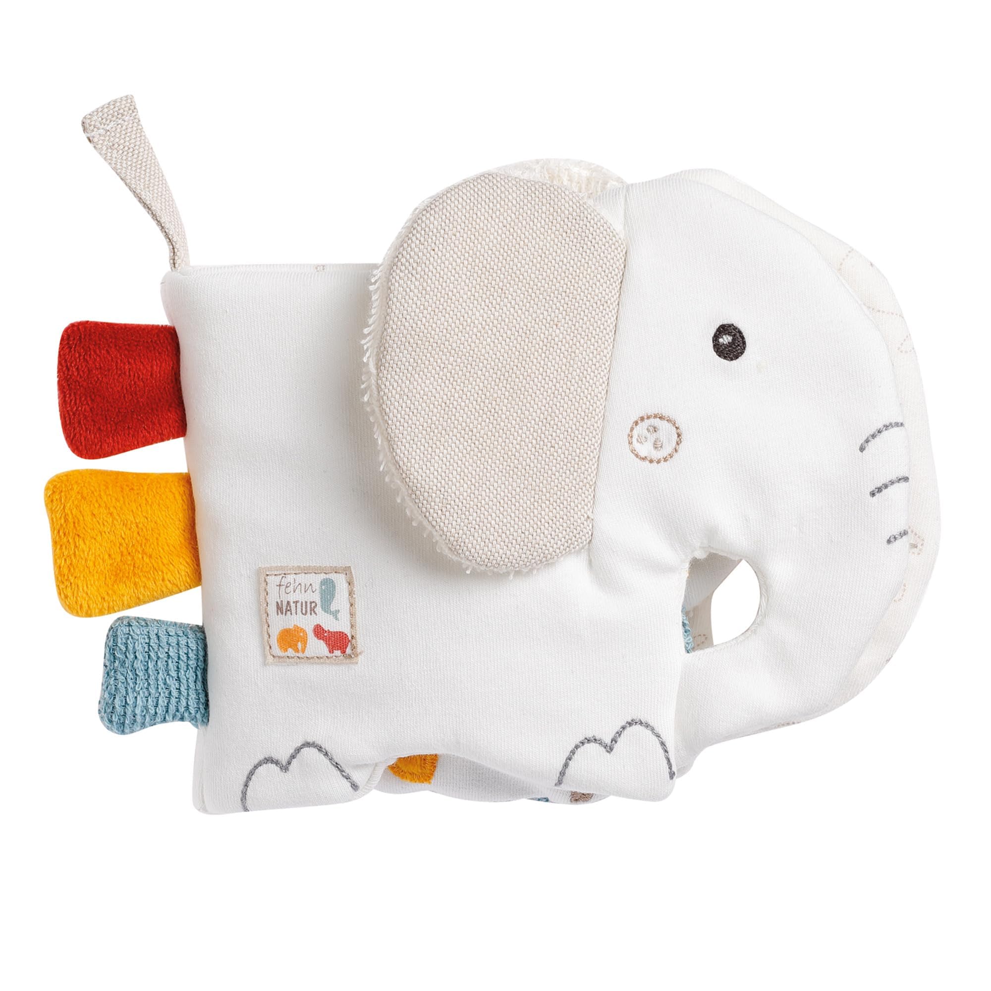 Fehn 056099 Fabric Book Elephant FehnNATUR – Organic Feelbook for Babies and Toddlers from 0+ Months – Promotes the sense of touch and self-perception – Size: 16 x 12 cm