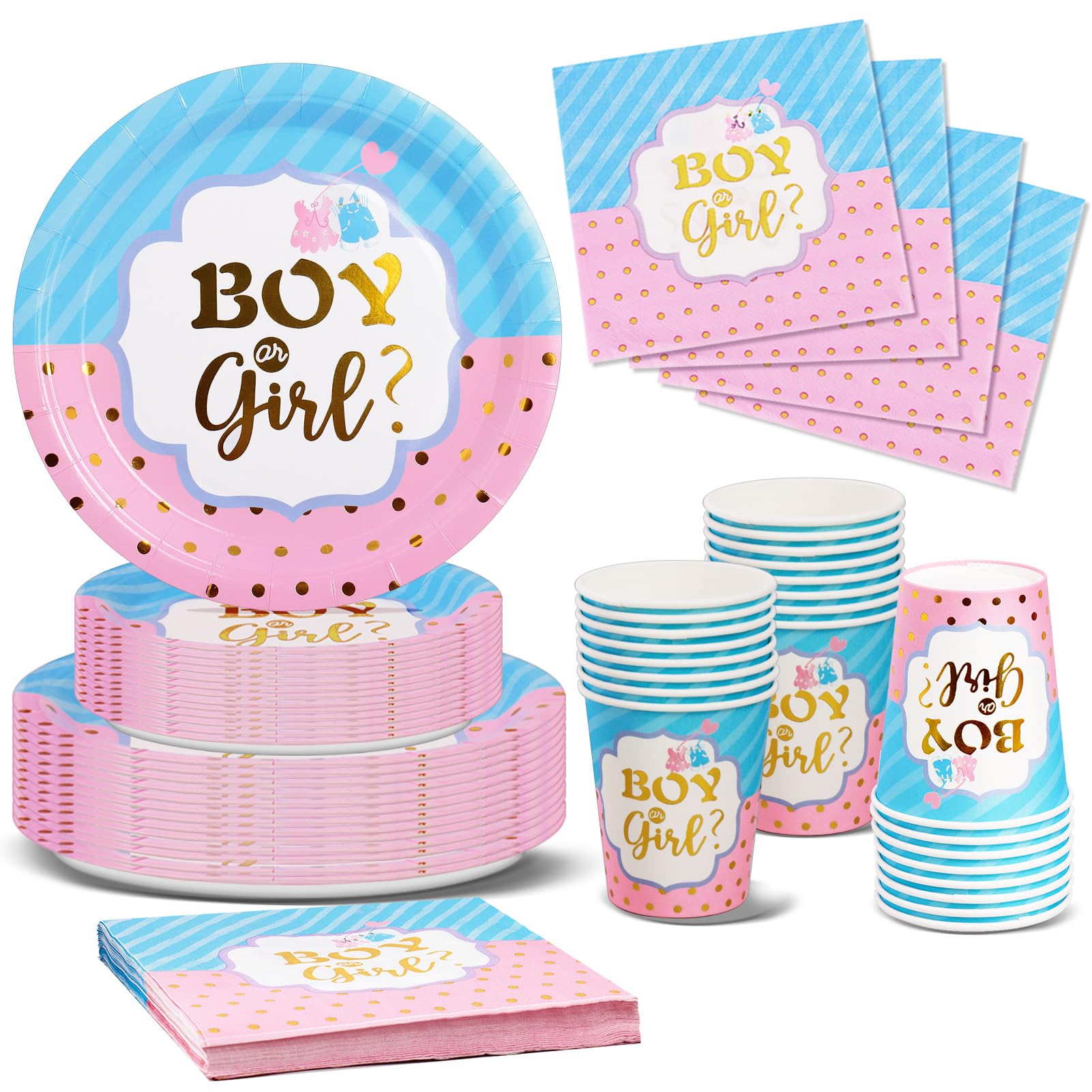 Nkaiso Blue and Pink Baby Shower Gender Reveal Party Tableware Set, 96 Pieces Girls Boys Gender Reveal Theme Tableware Decorations Plates Cups Napkins Party Supplies- 24 Guests