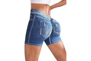 Bibabiba Womens Faux Denim Gym Shorts V Back Scrunch Butt Lifting Seamless Shorts High Waist Tummy Control Jean Shorts