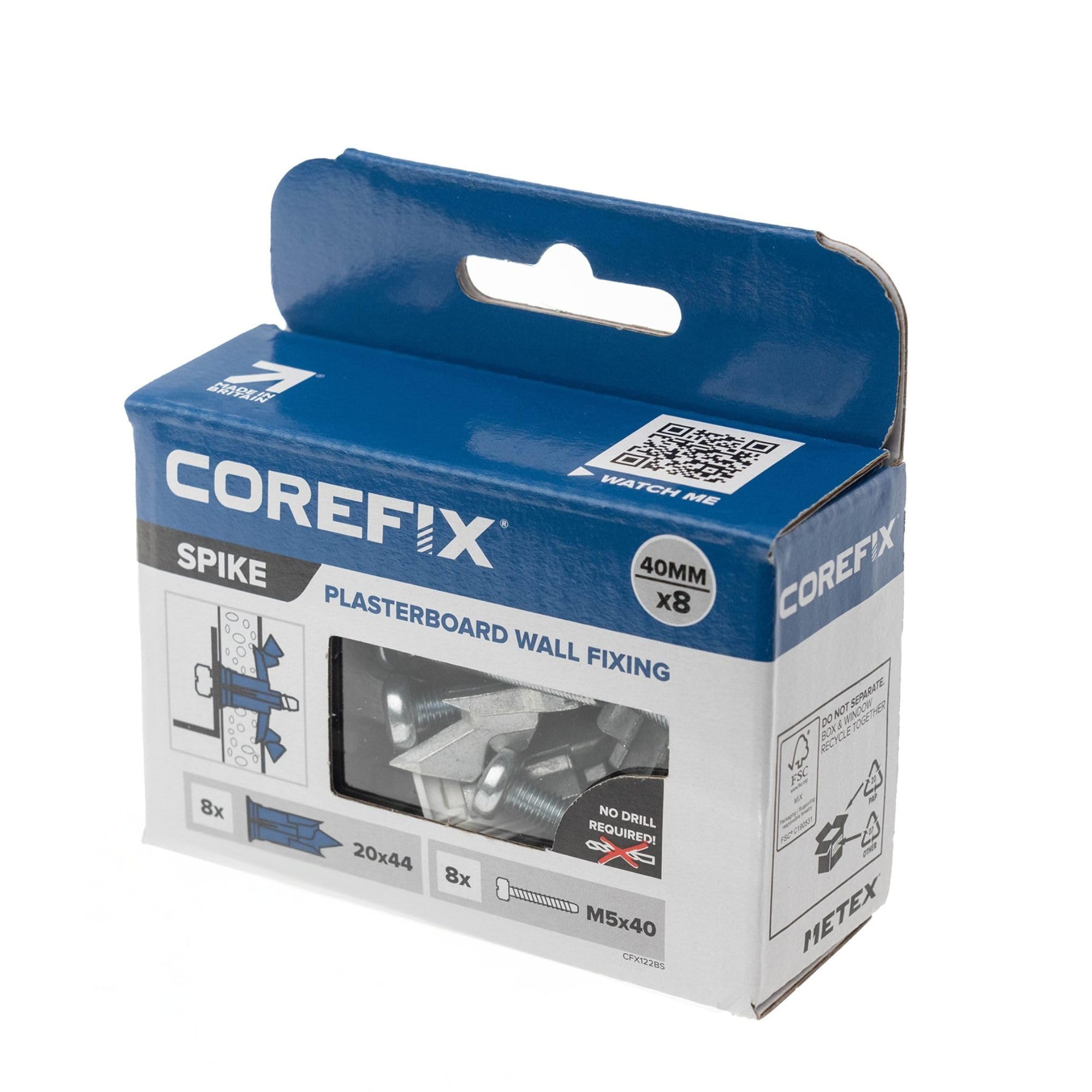 Corefix Spike Heavy Duty Plasterboard Fixings 8 Pack, DIY Kit with M5x40mm Screws. Easy to Install with NO Drill Required. Drywall Anchor, Wall Plug Alternative Suitable for All Plasterboard Types.