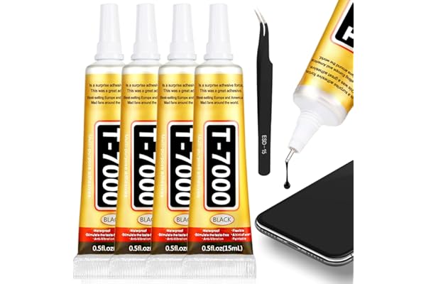 T-7000 Black Glue Adhesive, 4 x 15ML T7000 Adhesive Glue with Tweezers Precision Repairs Glue for Cell Phone Screen Electroni