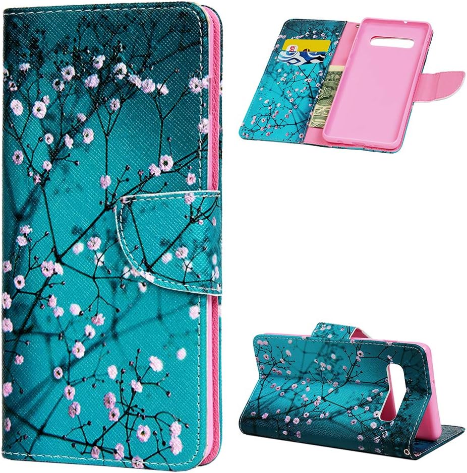 Galaxy S10 Case, Badalink Samsung S10 Case Wallet Flip Protective Cover Art Painting Leather Bumper Skin Magnetic Kickstand Shell Card Slot Cute Skin for Samsung Galaxy S10 (Blue Kapok)