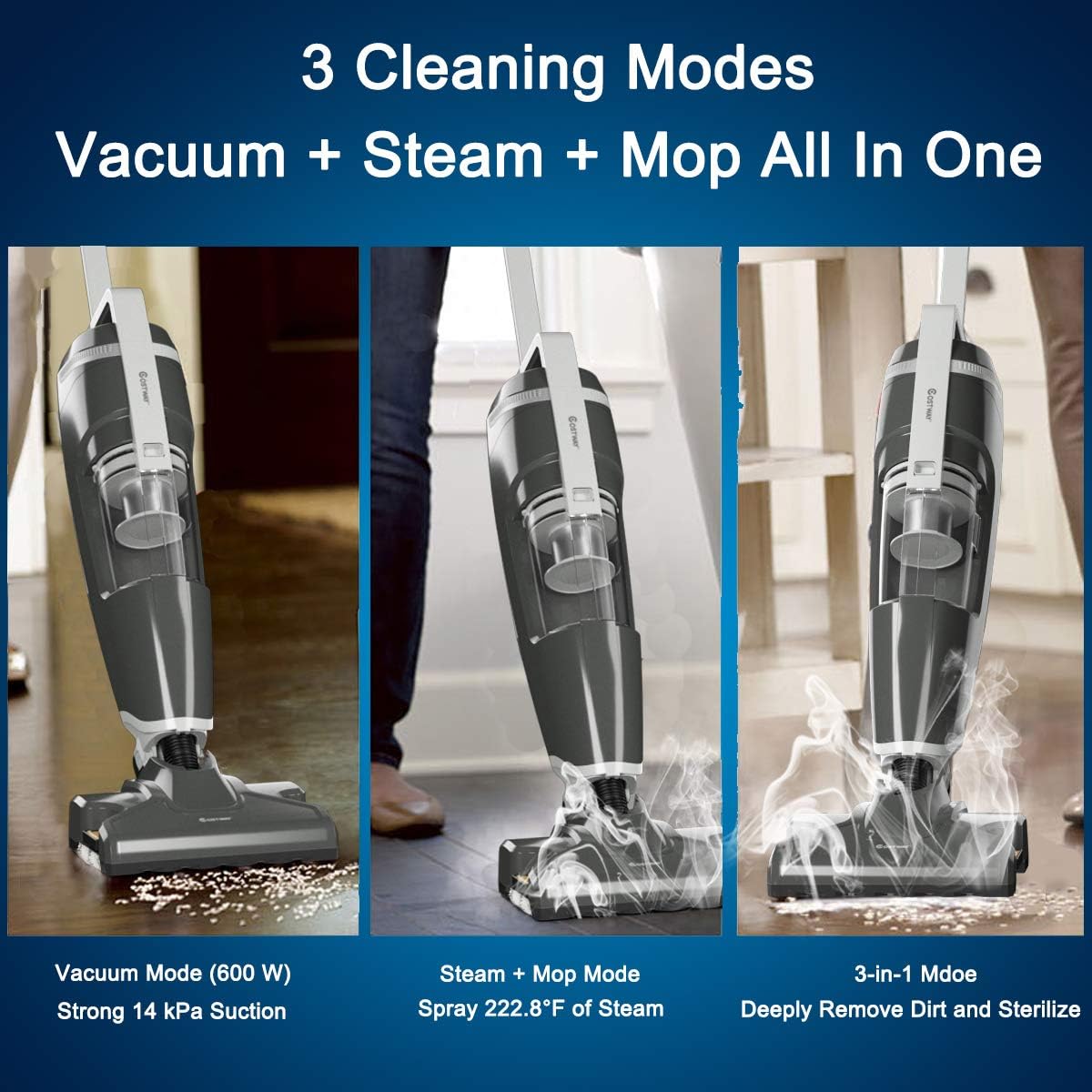 Costway Vacuum And Steam Mop All In One Compact Bagless 14kpa Wet Dry Vacuum Cleaner With Hepa Filtration Cord Rewind And Comfort Handle Steam