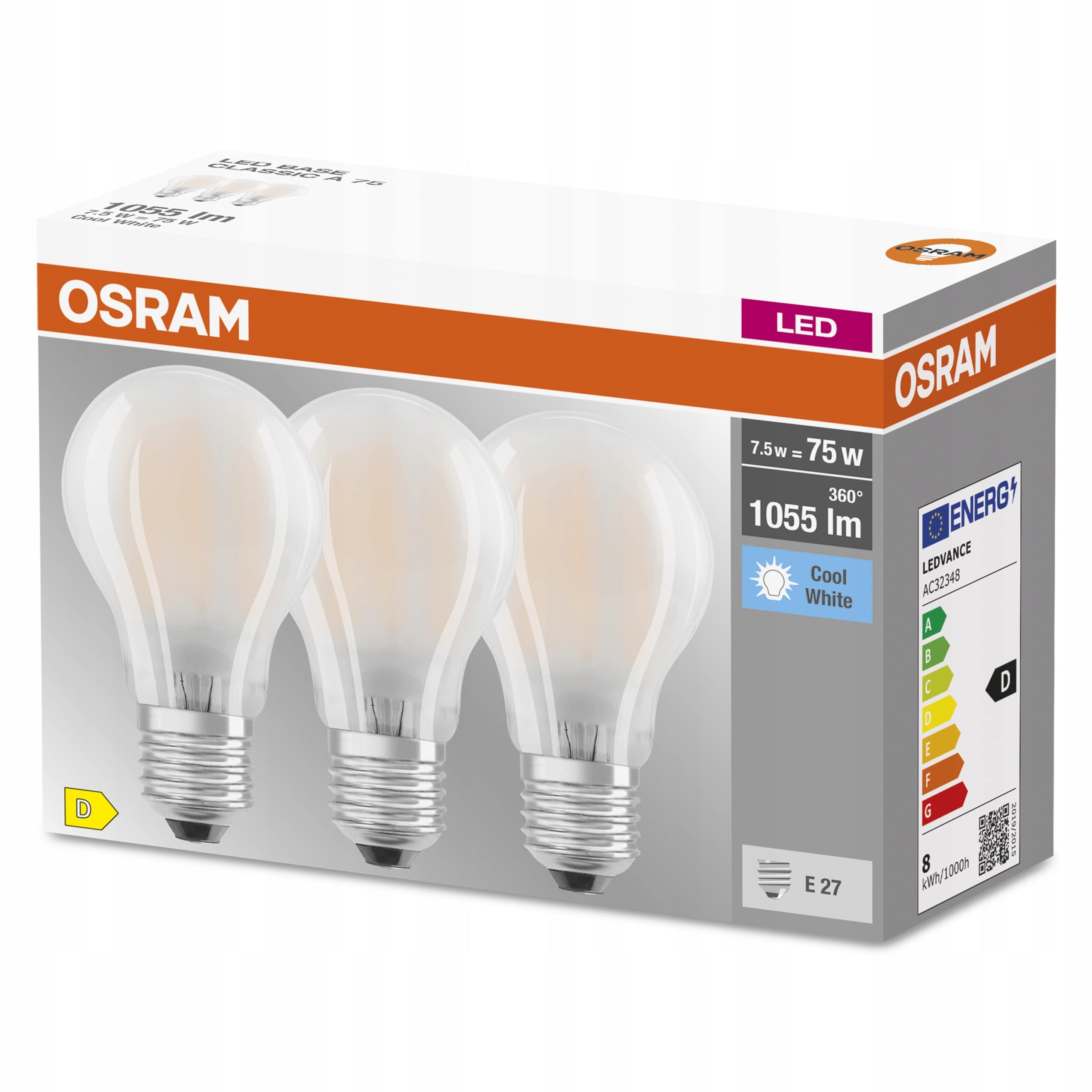 OSRAM LED Base Classic A75, Frosted Filament LED Lamps Made of Glass for E27 Base, Bulb Shape, Cool White (4000K), 1055 Lumen, Replaces Conventional 75W Bulbs, Box of 3
