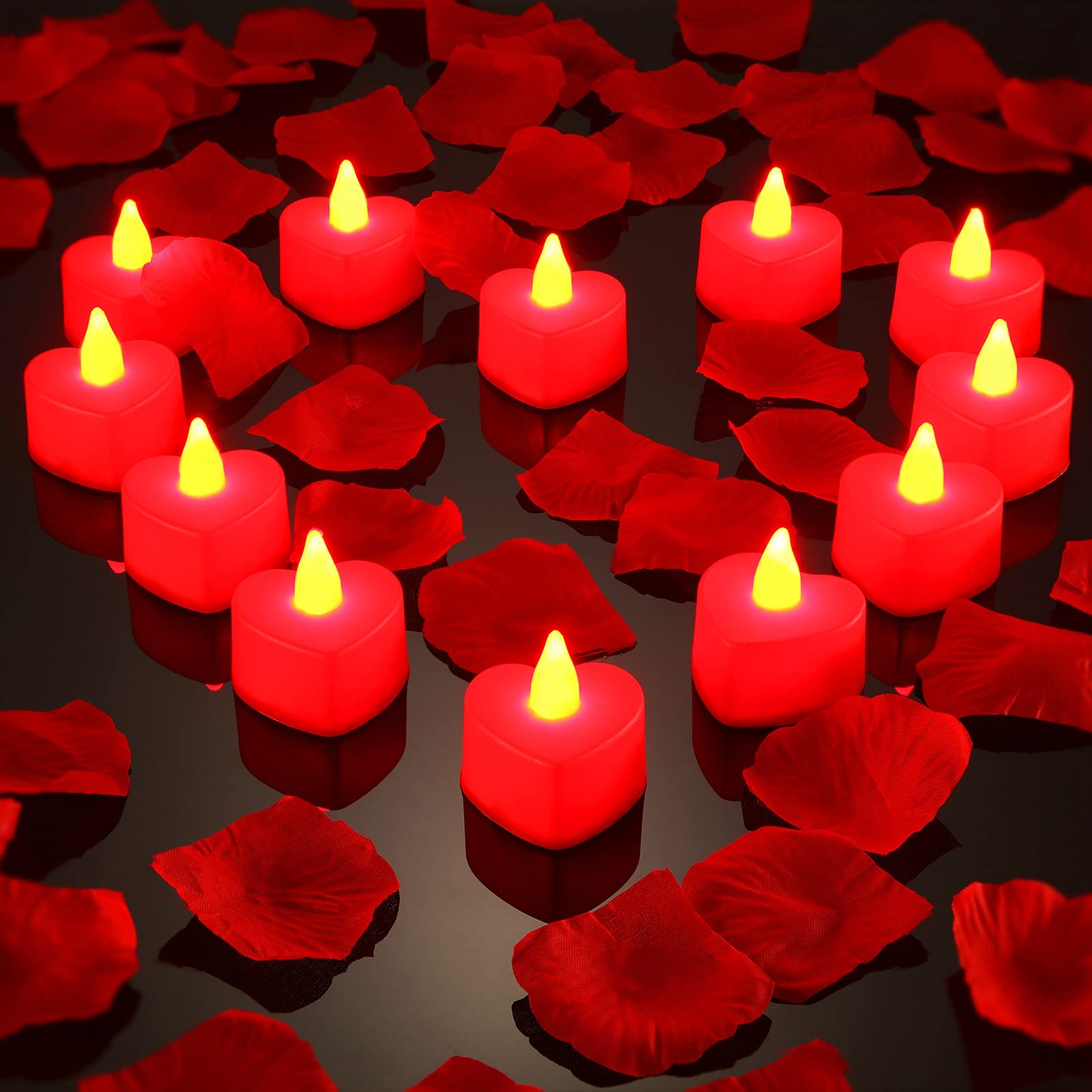 Mudder 12 Pcs Heart Shape LED Tealight Candles Love LED Candles with 200 Pieces Silk Rose Scatter Artificial Petals for Valentines Wedding Table Party Decor(Red Light, Red Petal)