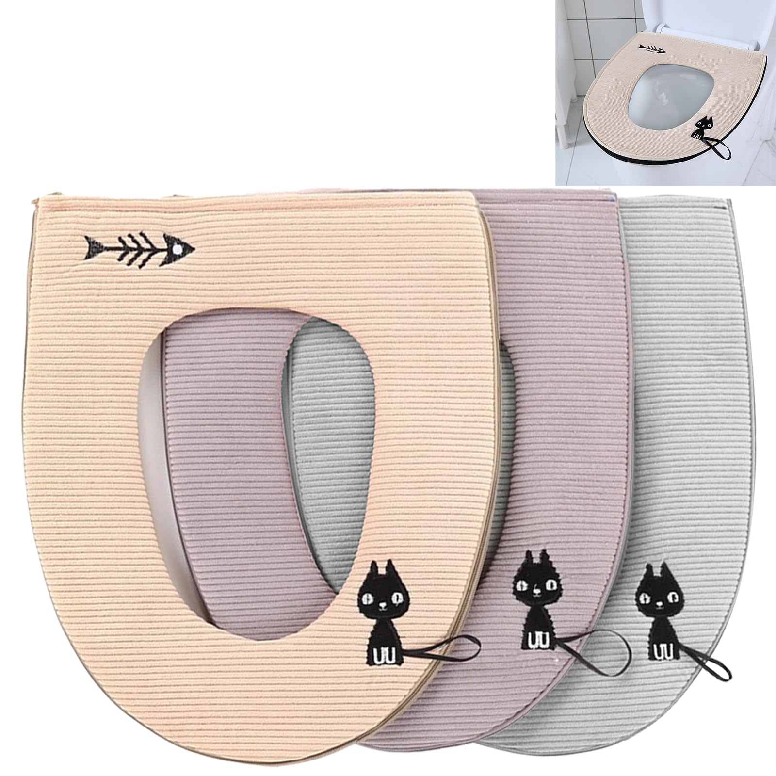 Jicyor 3pcs Toilet Seat Cover Cushion Pads Universal Thicken Zipper Toilet Seat Pad Mat Washable Reusable with Hanging Loop for Home Office School (Gray、Green、Beige)