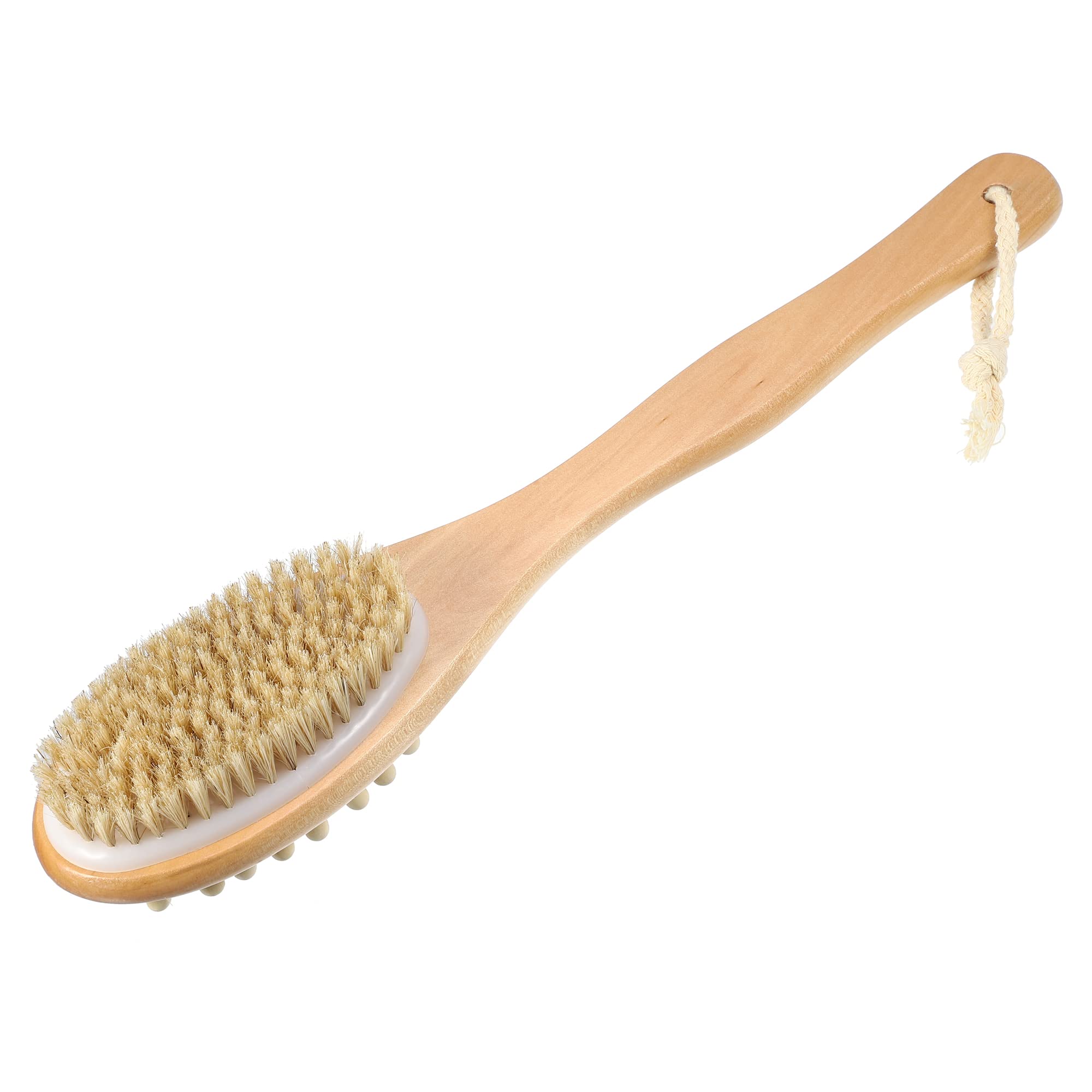 VOCOSTE 1 Pcs Double Sided Bath Brush, Back Scrubber Wood for Shower with Long Handle, Brown, 14.6 Inches