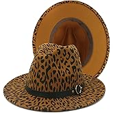 HUDANHUWEI Women's Wide Brim Felt Fedora Panama Hat with Leopard Belt Buckle