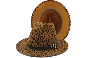 HUDANHUWEI Women's Wide Brim Felt Fedora Panama Hat with Leopard Belt Buckle
