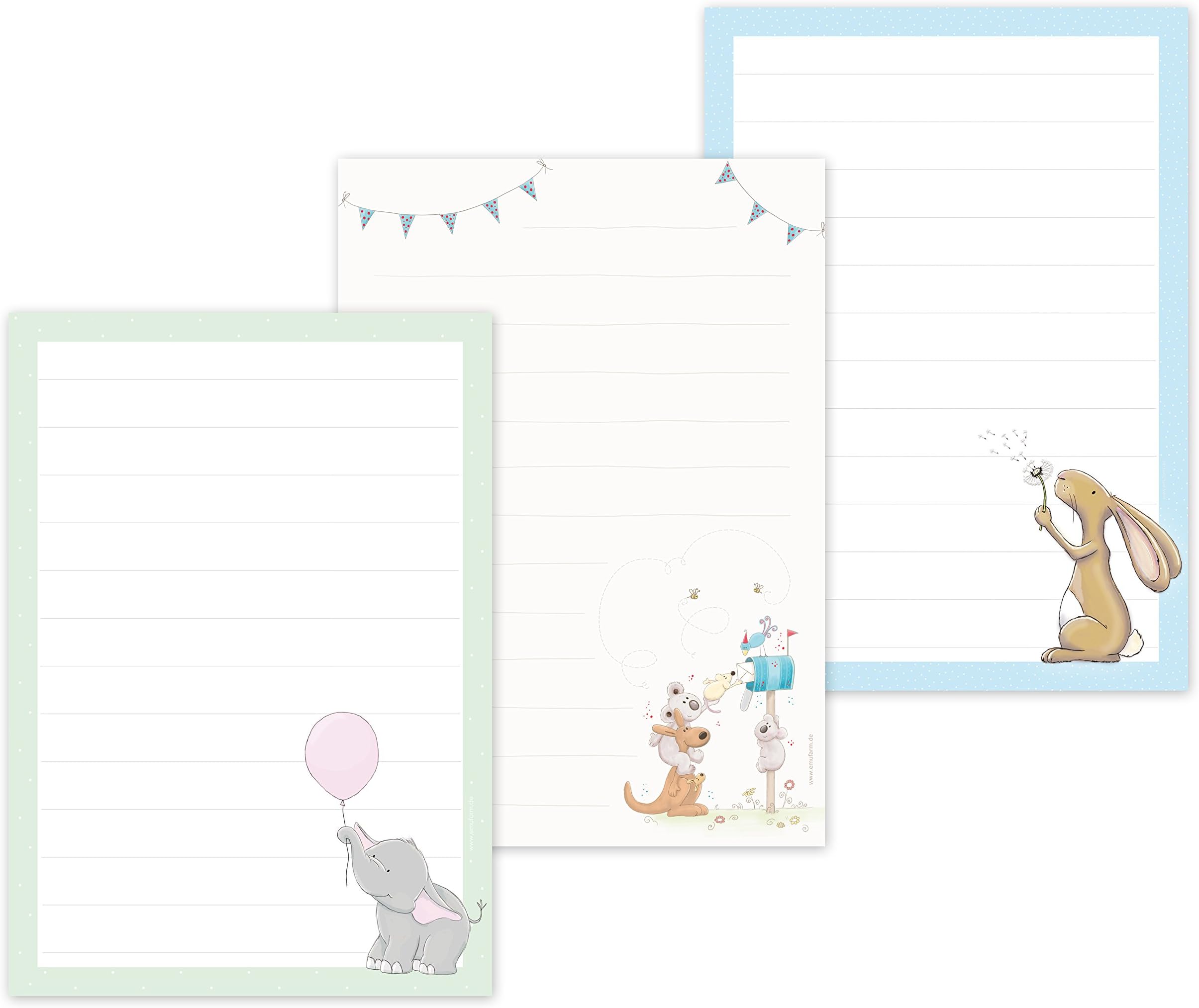 Childrens Stationary/Letter Blocks 3 Elly Elephant, Rabbit Hamlet & Post für Dich, DIN A5 Lined Writing Paper 50 Sheets – For Children