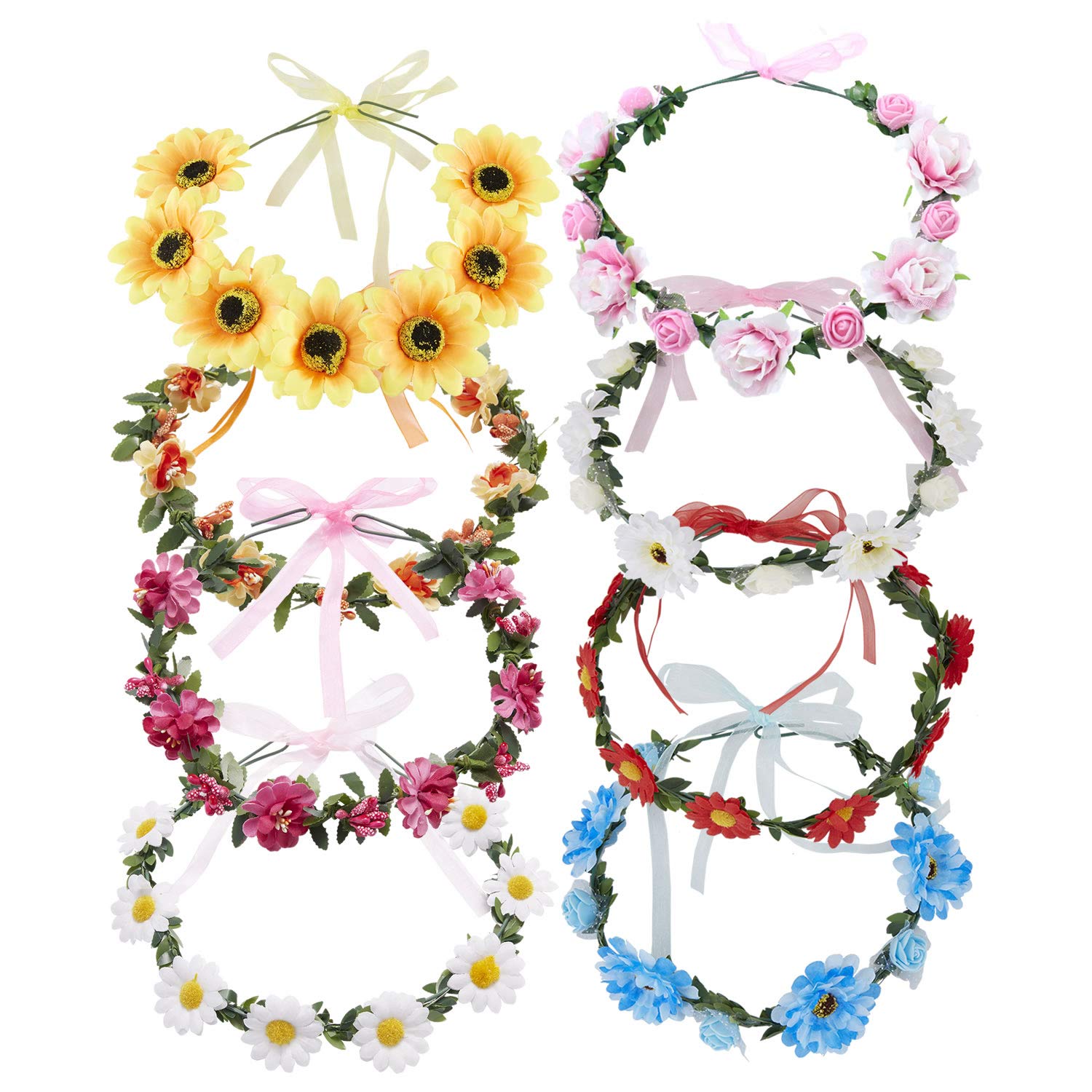 8 Pack Flower Crown Floral Wreath With Ribbon Headbands Hair Garland Wedding Bridal Headpiece Tiara Rose Flower Sunflower Daisy Hairbands Hawaiian Party Accessories for Women Girls
