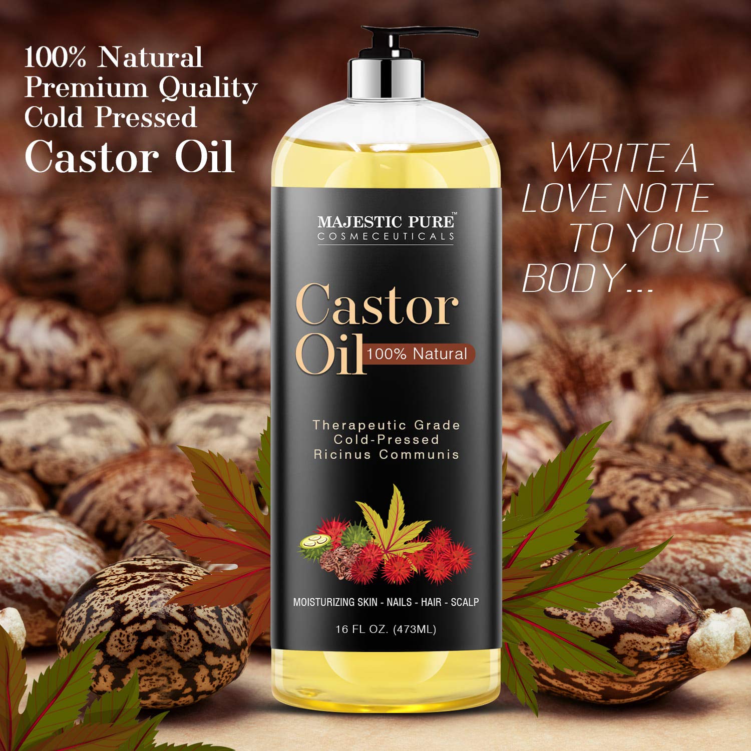 Majestic Pure Castor Oil, 100% Natural Wonder Oil with Numerous Hair, Scalp, Skin and Nails Benefits - Packaging May Vary- 16 fl oz : Beauty