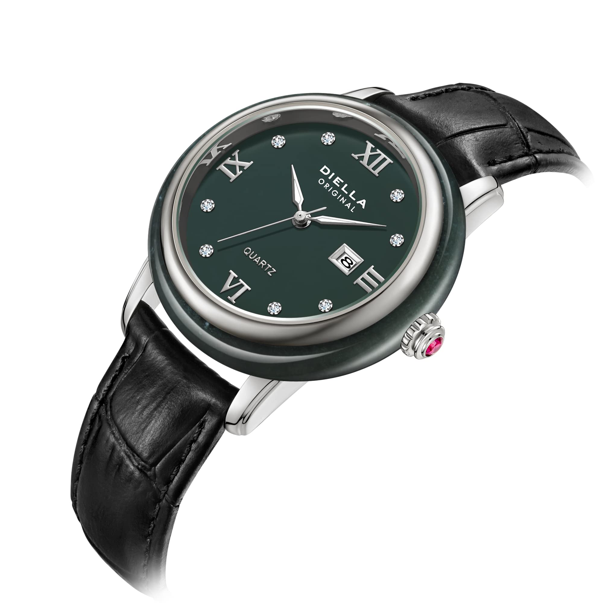 Diella Watches for Women Jade Inlay and Rhinestones Inlaid on The Plate Crown with Ruby Leather Strap, 5ATM Waterproof, Date Luminous for Luxurious, Fashionable Gift Women