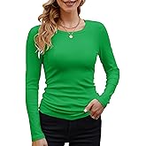 GEMBERA Womens Ribbed Long Sleeve Crewneck Casual Slim Basic Shirts Fitted Knit Tops