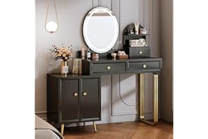 CHRANGMAY Modern,Black Vanity Table，Retractable Makeup，With LDE Mirror and 2 spacious drawers，Vanity desk with Cabinet，dressing table with 3-Sections Silent Drawer Slides，Bedroom Essential， for Girls and Women