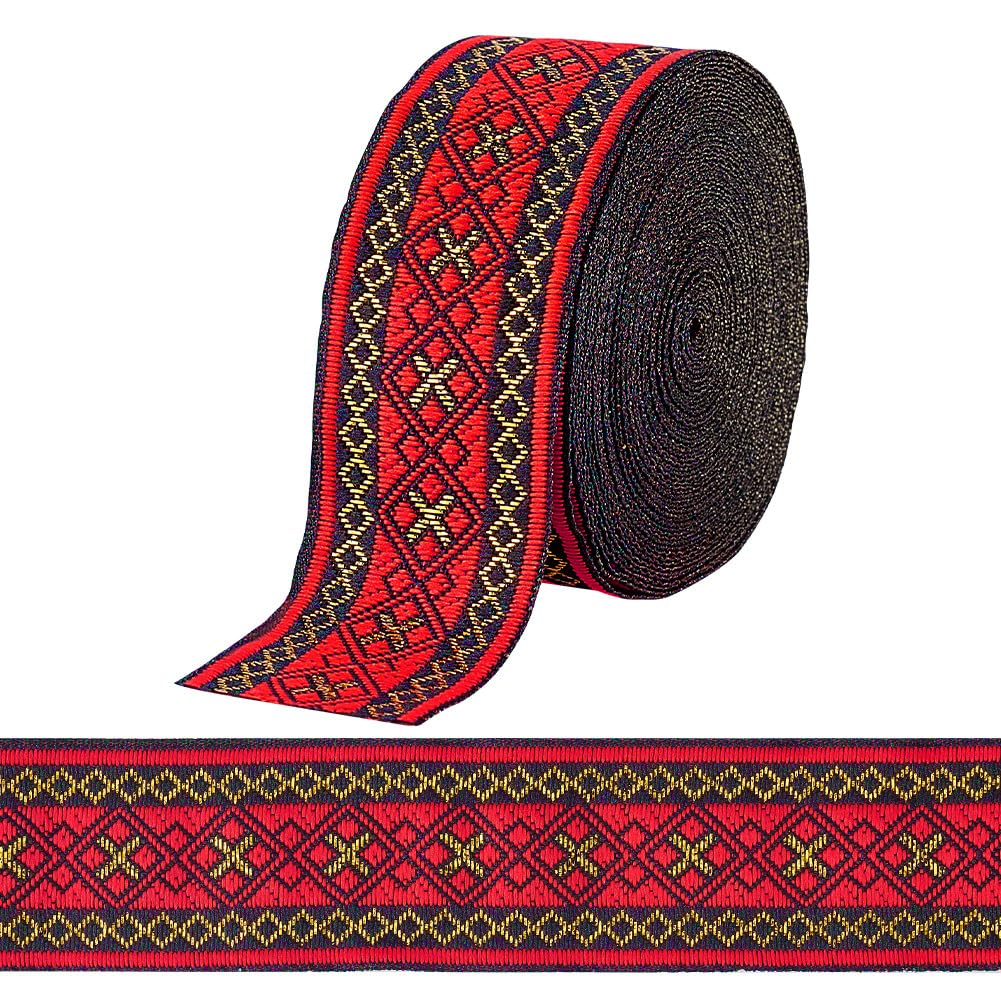PH PandaHall 7m Jacquard Ribbon Geometric Woven Trim Ethnic Ribbon, 3.3cm Wide Red Embroidered Ribbons Jacquard Braid Trim for Sewing Handmade Bag Clothing Decoration Gift Wrapping