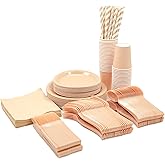 DX DENGXUAN 400-Piece Peach Party Set,Disposable Paper Plates Cups Plastic Spoons and Fork Knives Peach Napkin,Suitable for 50 Guests,Disposable Party Tableware Set,Wedding Birthday Party.