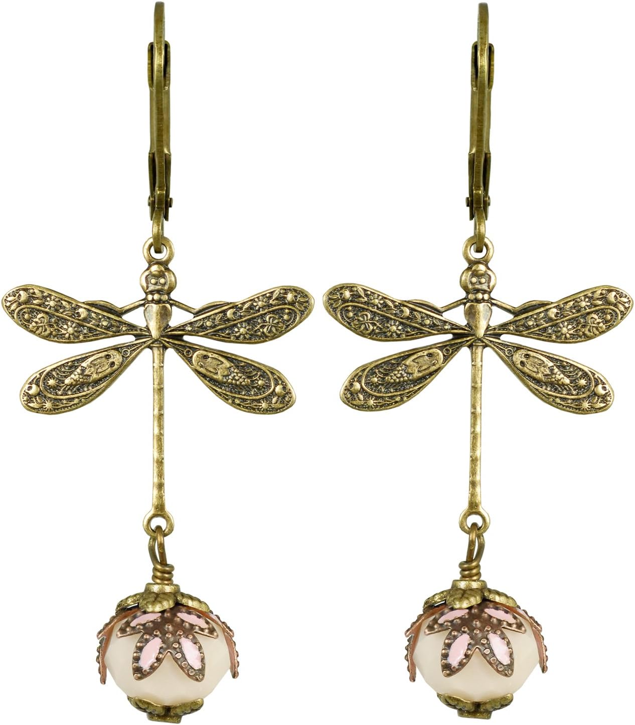 NoMonet Hand Painted Victorian Earrings - Dragonfly Daze in Gold and White