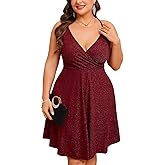 ZOMVA Plus Size 0X-4X Sparkly Glitter Sleeveless Aline Mini Dress Sparkle Wrap Spaghetti Strap Sexy Dress Cocktail Party Club