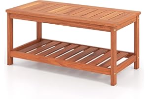 DORTALA Wooden Coffee Table, Indoor & Outdoor 2-Tier Side Table with Slatted Tabletop, Shelf, Rectangle Patio Furniture for P