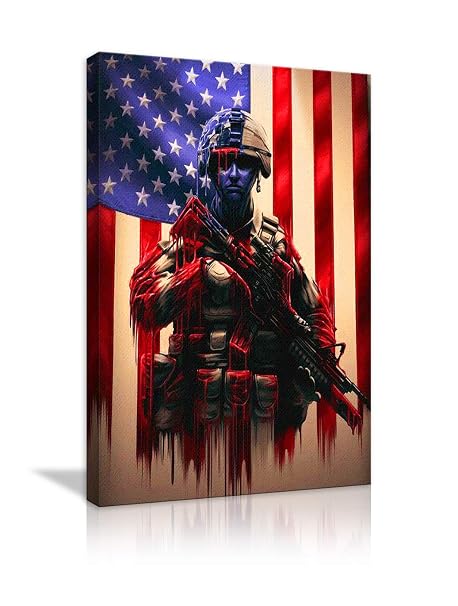 Vintage American Flag Canvas Red White Blue Military Soldiers Army Wall Art Retro Patriotic Concept Usa Flag Painting Stars Stripes Artwork Print Giclee For Living Room Home Decor Framed Ready To Hang