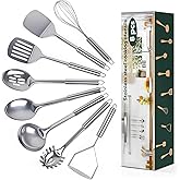 8 Pcs Cooking Utensils Set, Stainless Steel Kitchen Utensils, Heat Resistant Metal Kitchen Tools Include Solid & Slotted Spatula, Serving Spoon, Ladle, Pasta Server,Potato Maseher, Egg Whisk, Silver