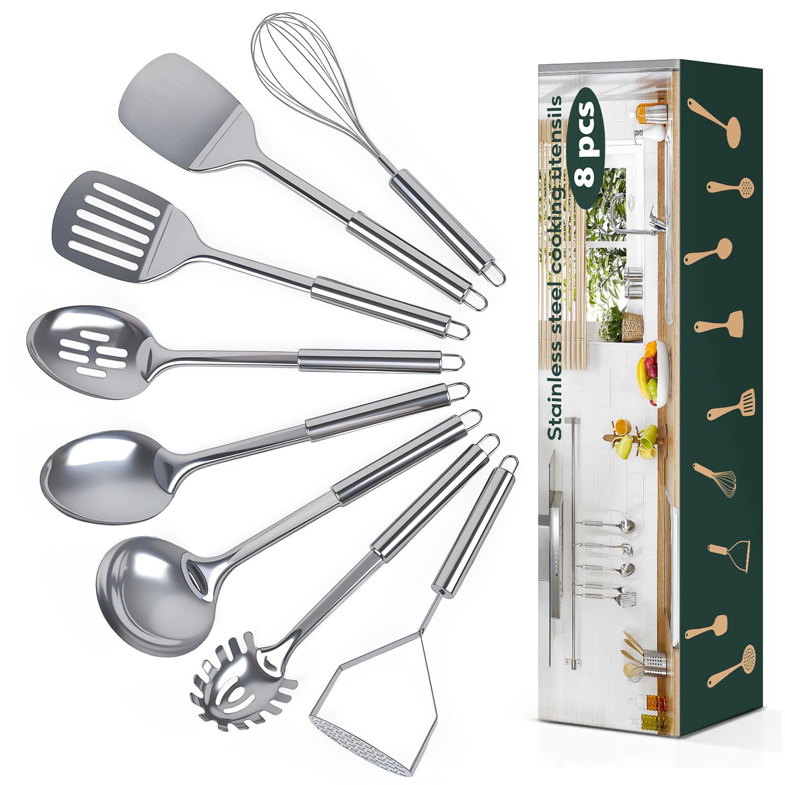Photo 1 of 8 Pcs Cooking Utensils Set, Stainless Steel Kitchen Utensils, Heat Resistant Metal Kitchen Tools Include Solid & Slotted Spatula, Serving Spoon, Ladle, Pasta Server,Potato Maseher, Egg Whisk, Silver