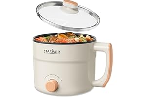 Stariver 1.5L Electric Hot Pot with Dual Power - Mini Portable Non-Stick Noodle Cooker for Ramen, Soup, Pasta, Egg, Oatmeal -