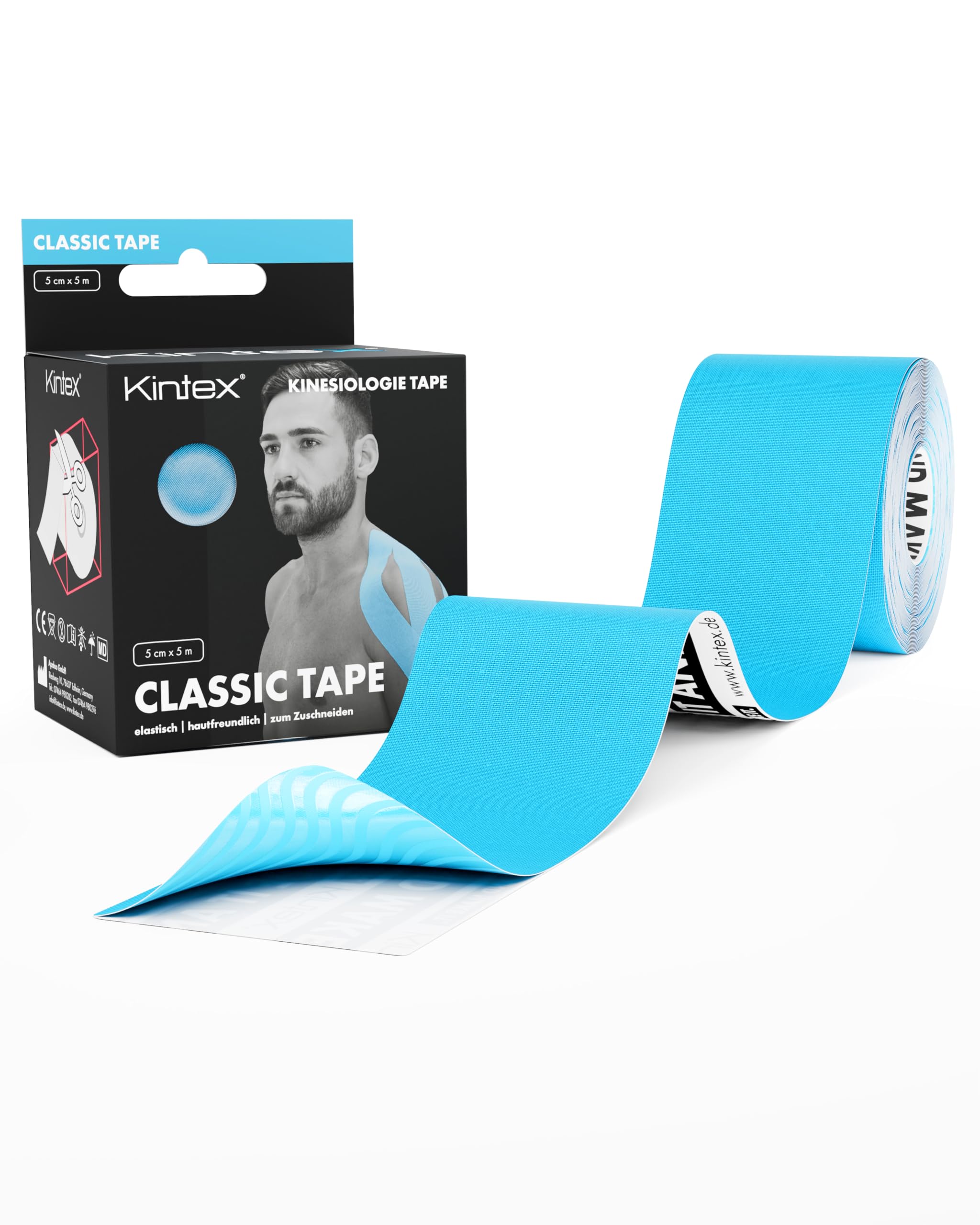 Kintex Kinesiology Classic Tape 5cm x 5m, Physiological Tape, Therapeutic Tape, Elastic, Waterproof Blue
