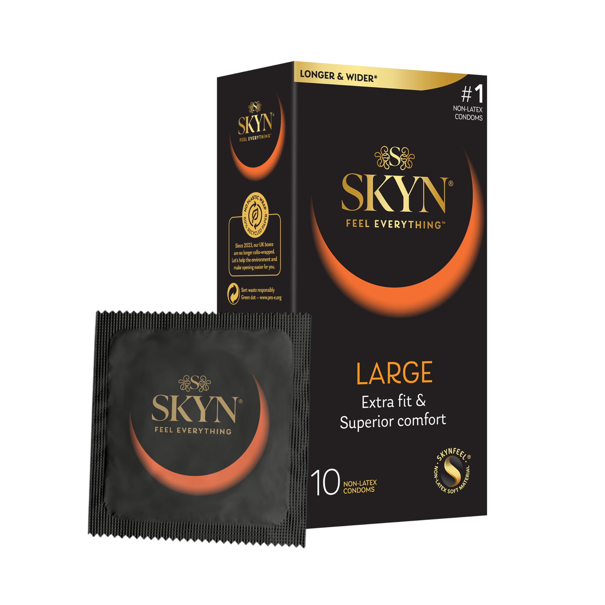 SKYN Large Condoms Pack of 10 SKYNFEEL Latex Free Condoms for Men, Extra Large, XL, Thin, Smooth Straight Shape, Lubricated, 56mm Wide