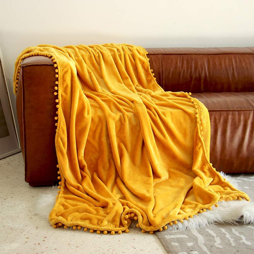 Flannel Fleece Blanket Tassel Blanket Yellow Throw Blanket for Couch or