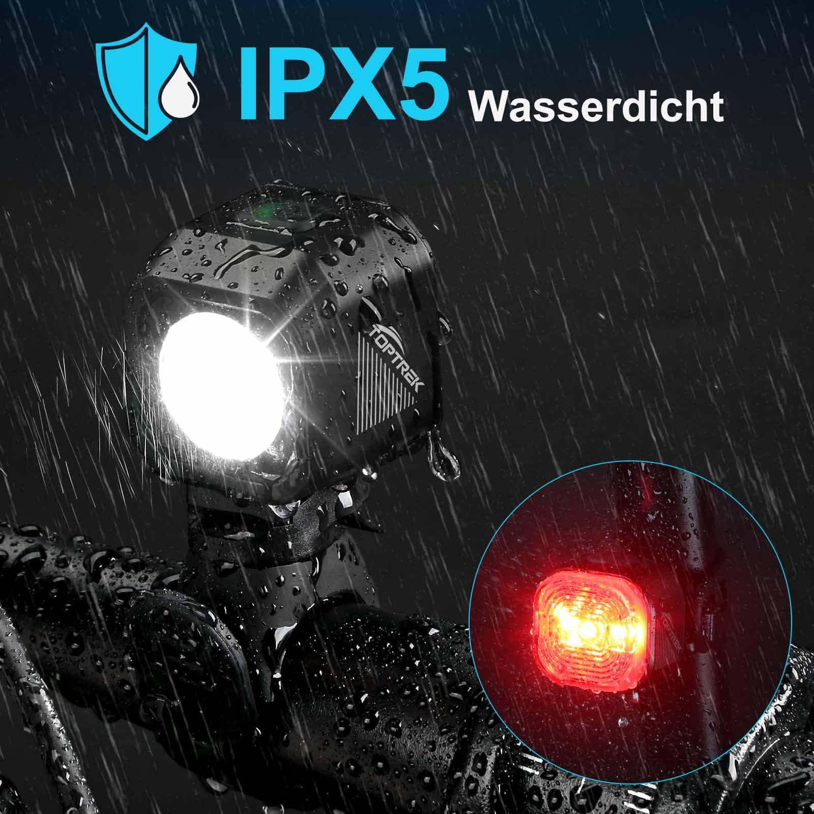 toptrek Fahrradlicht Set USB Aufladbar, StVZO zugelassen Fahrrad Lichter Led Set, IPX5 Wasserdicht Fahrradbeleuchtung Set, Batterie Aufforderung Schwach, Frontlicht & Rücklicht Set 5