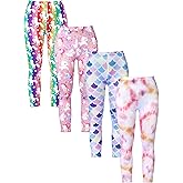 Fourluoo 4 Pack Girls Leggings Soft Stretchy Printed Pants for Kids 8-12 Years Tie-dye Rainbow Unicorn, Pink Unicorn & Scale Patterns Ankle Length Athletic Yoga Pants