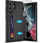 Pilaru for Samsung Galaxy S22 Ultra Case with Card Holder and (2 Pcs) HD Screen Protector, Slim Heavy Duty Dual Layer Shockproof Design & Hidden Card Slot Wallet Case for S22 Ultra-Black