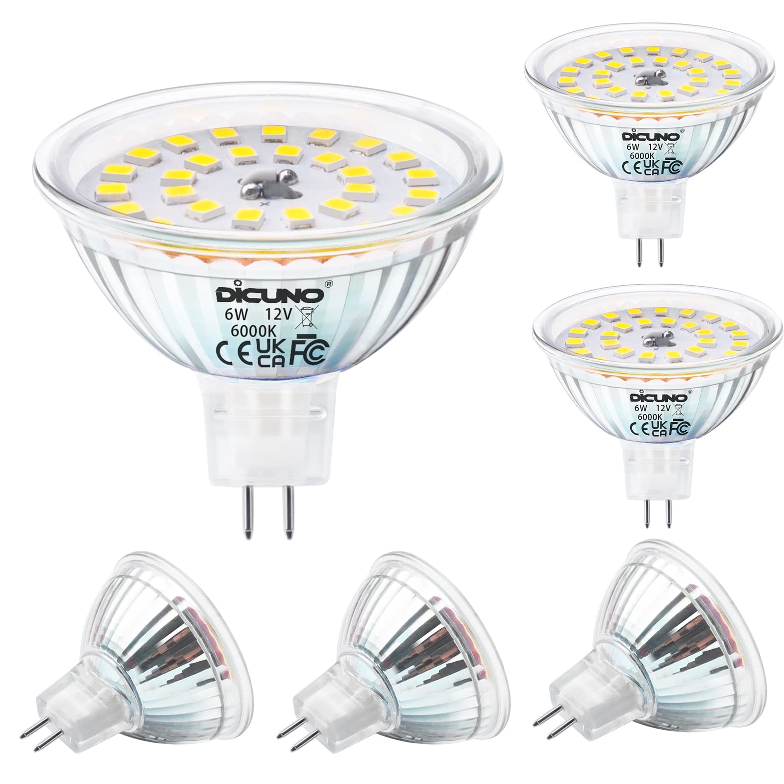 DiCUNO MR16 LED Light Bulbs 6W, GU5.3 Spotlight Bulb 12V, Equivalent to 70W Halogen, Cool White 6000K, 610LM, 120° Beam Angle, GU5.3 Bi-Pin Base Track Light, 6 Packs